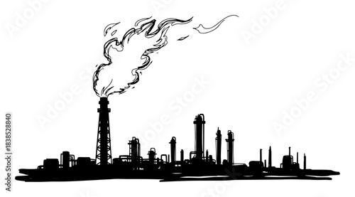 oil refinery smokestack pollution silhouette sketch