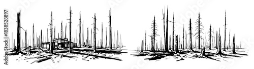 scorched forest landscape after wildfire sketch