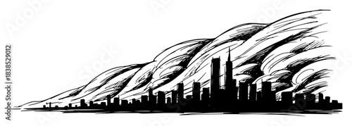 huge sandstorm or pollution cloud approaching city skyline