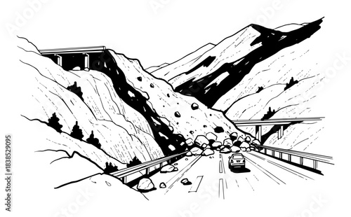 landslide blocking mountain highway road with a car sketch