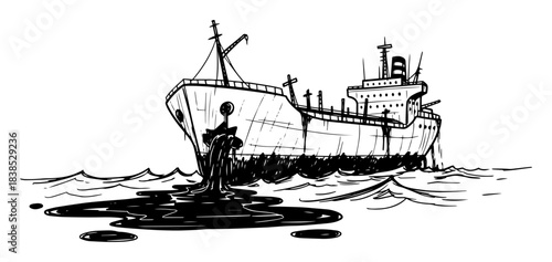 oil tanker ship leaking crude oil into the sea pollution sketch