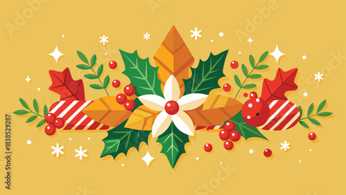 Christmas card featuring vibrant poinsettias and red berries against a festive background.eps