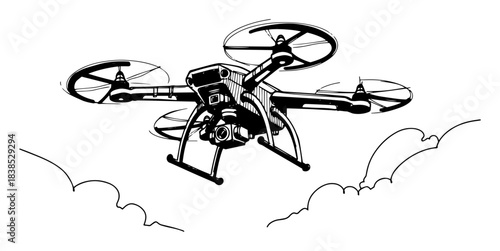 camera drone quadcopter flying in the sky vector sketch