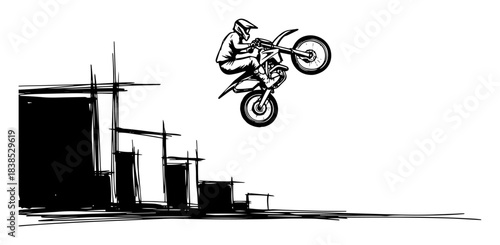 motocross rider performing aerial jump over city skyline sketch