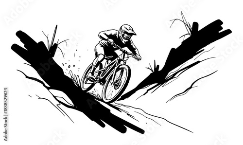 downhill mountain biking on an extreme trail vector sketch