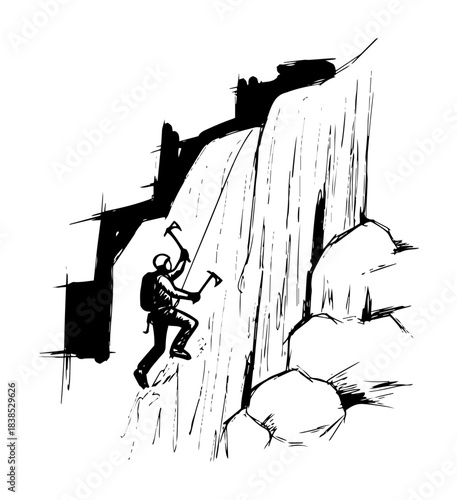 rock climber scaling vertical cliff face sketch