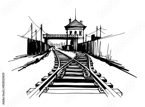 railway tracks leading to guarded entrance gate sketch