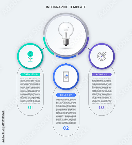 Modern vector infographic template with a central circle and three rounded elements for text, data, or business steps. Can be used for presentations, reports, workflow, analysis, and strategy design.