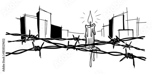 memorial candle behind barbed wire with city skyline sketch
