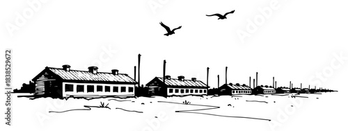 concentration camp barracks historical vector illustration