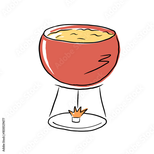 Cheese Fondue Sketch. Traditional food from Switzerland or France. Vector color Illustration on isolated background. Food, Christmas dinner. Design element for card, sign, print, social media, menu