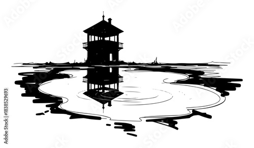 prison camp guard tower in a desolate landscape sketch