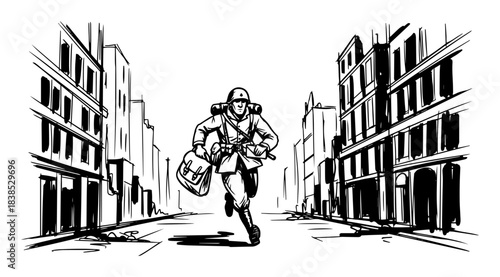 ww2 soldier running through a ruined city street sketch