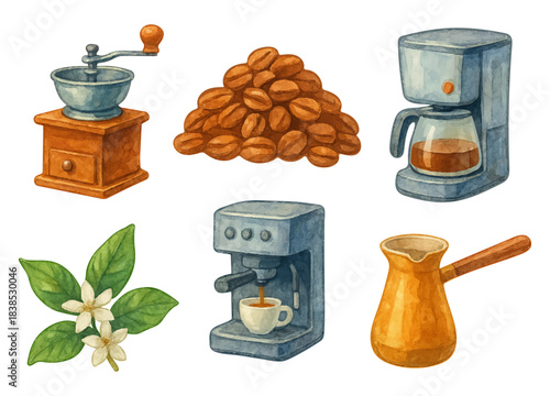 Watercolor coffee making items vector set. Coffee beans, leaves and flowers. Bean grinder, turkish pot and coffee maker machine. Color clipart beverage collection