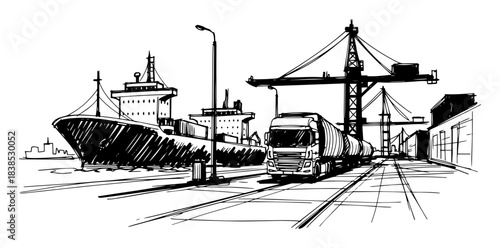 seaport logistics terminal with cargo ship and truck vector shape silhouette illustration