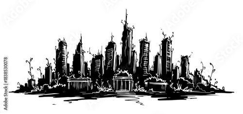 post apocalyptic overgrown ruined city skyline vector shape silhouette illustration
