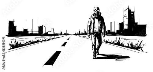 lone survivor in gas mask walking empty highway vector shape silhouette illustration