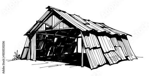 old dilapidated corrugated metal shack vector illustration