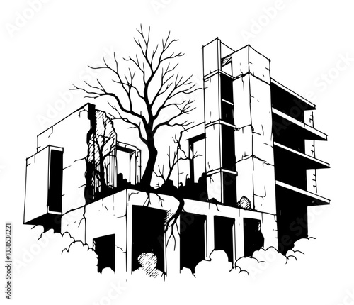 post-apocalyptic ruined building with dead tree vector sketch