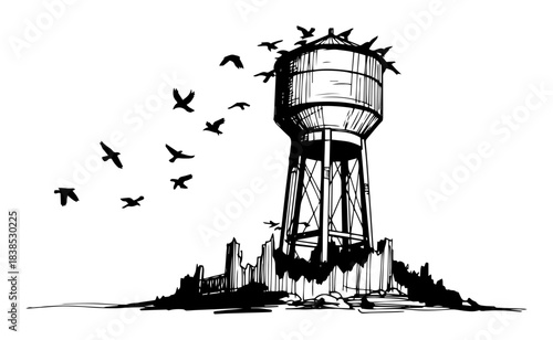 old water tower in a post-apocalyptic ruined city sketch