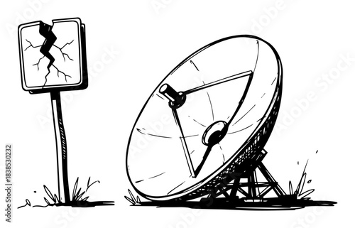 broken satellite dish and cracked sign post-apocalyptic sketch