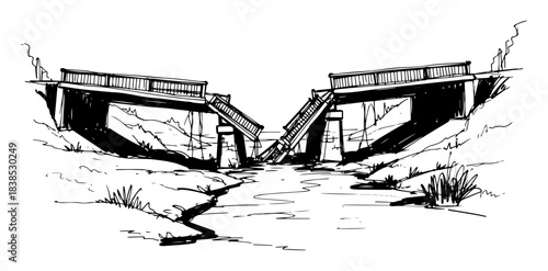 broken collapsed bridge over a river vector sketch
