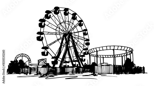 abandoned amusement park with ferris wheel vector sketch