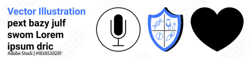 Audio technology, data protection, scientific research, health awareness, communication, and security. Black microphone, shield with science icons and heart shape. Audio technology and data