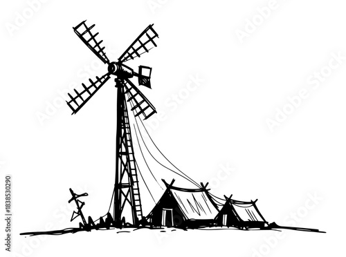 post-apocalyptic survivor camp with makeshift windmill sketch
