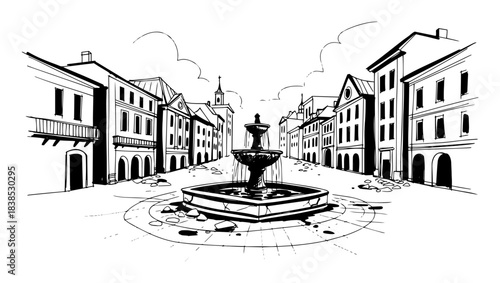 old european town square with fountain vector sketch