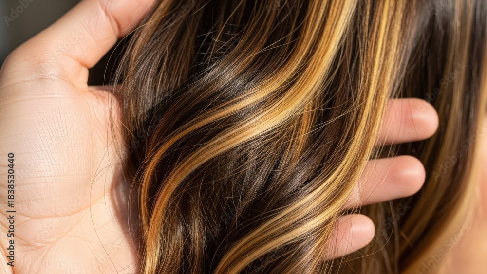 Obraz premium Hand gently touching beautiful wavy hair with highlights