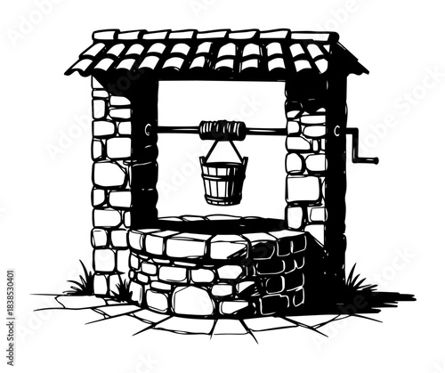 old stone water well with wooden roof and bucket vector