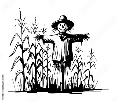 scarecrow standing in cornfield vector shape silhouette illustration