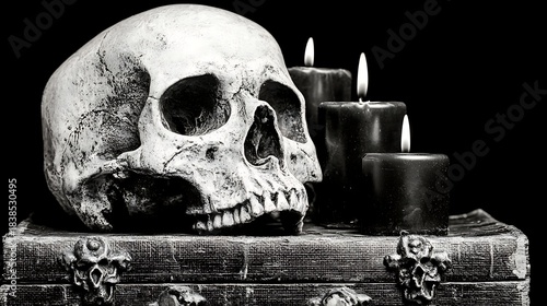 Grim still life, skull on aged book with black candles, monochrome tones against black