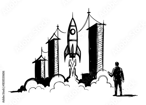 businessman watching rocket launch startup success metaphor sketch