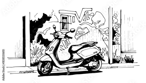 scooter parked on a city street with graffiti sketch