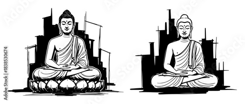 buddha meditating in a modern city mindfulness concept sketch