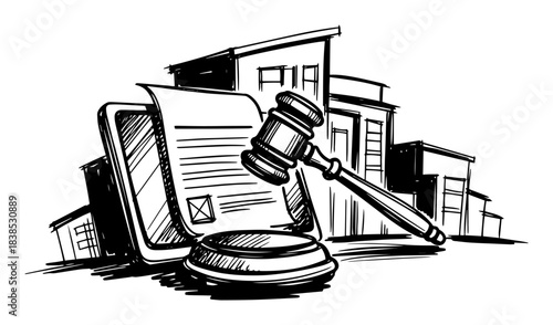 gavel with legal documents and smartphone vector shape silhouette