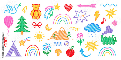 Cute kids felt pen marker drawings set. Hand drawn colorful crayon doodles, childish and naive stickers. Colored pencil sketch doodles isolated. Teddy bear, cloud, sun, flowers, rainbows, stars.