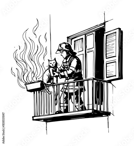 firefighter rescuing cat from fire on balcony vector black shape