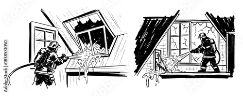 firefighter fighting fire through windows vector illustration set