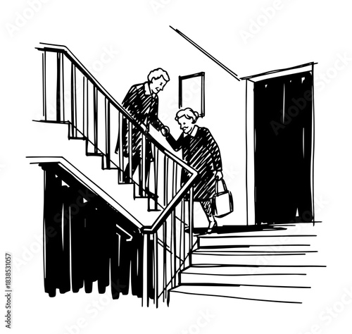 senior couple walking down stairs carefully vector illustration
