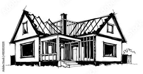 house under construction with exposed roof framing sketch
