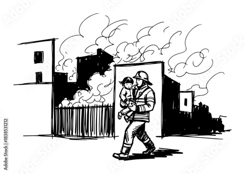 firefighter hero rescuing a child from a fire sketch