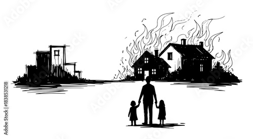 family watching their house burn in a fire disaster sketch