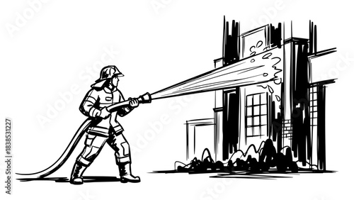 firefighter extinguishing a fire with a water hose sketch