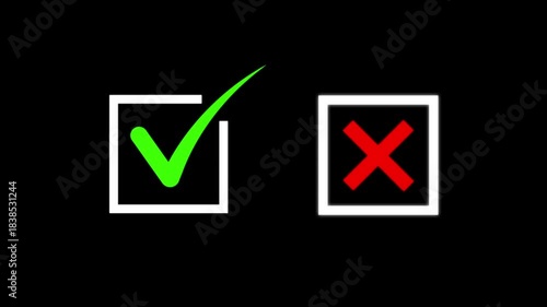 Yes and No Button Icons Set with Tick and Cross Symbols animation with alpha channel. Tick or check mark and cross mark signs icon animation. False and true, right and wrong.