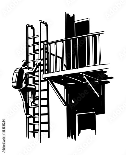 person climbing fire escape ladder monochrome vector silhouette