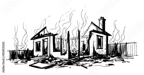burnt house ruin after fire disaster monochrome vector shape