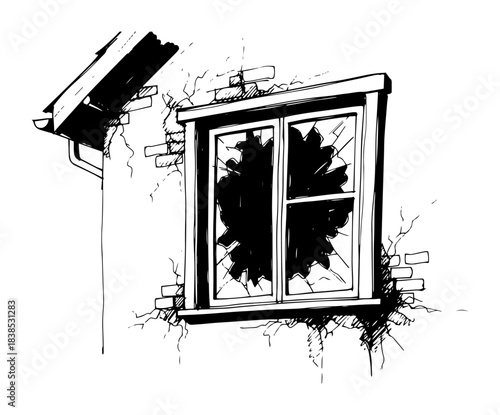 broken shattered window on brick wall monochrome vector